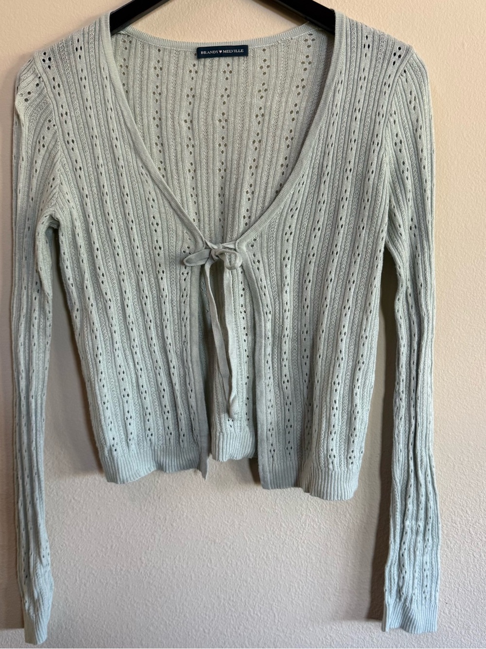 Brandy Melville Light Mint Pointelle Tie-Front Cardigan